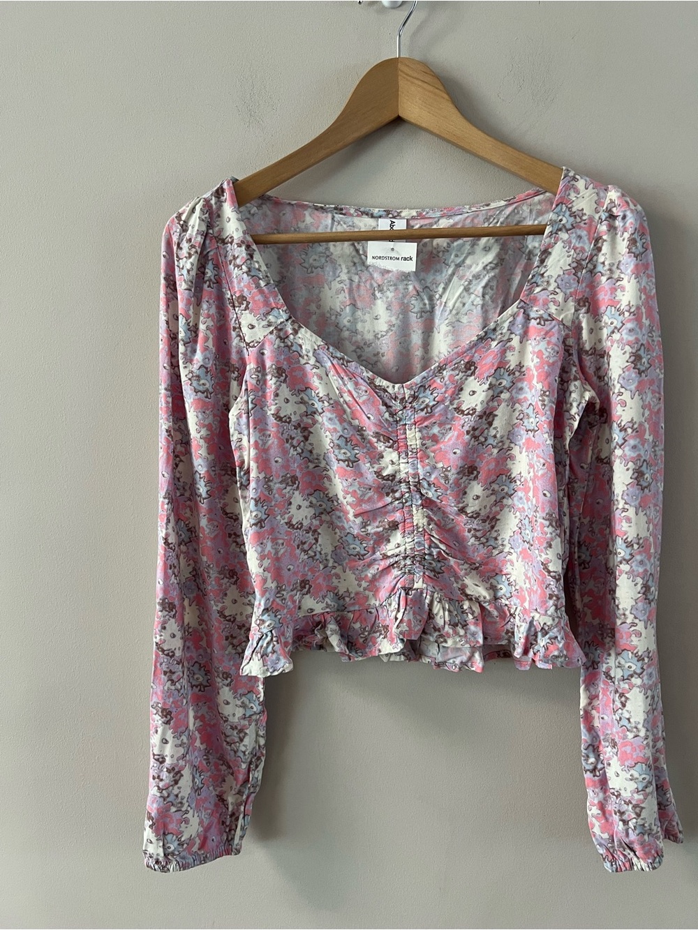 Abound Pink Floral Ruched Ruffle Long-Sleeve Top ladies size xxs